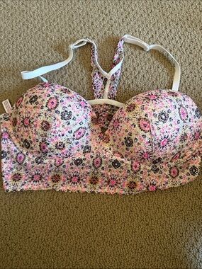 Victoria's Secret Floral Longline Bralette - Pink & Cream with Black Accents
